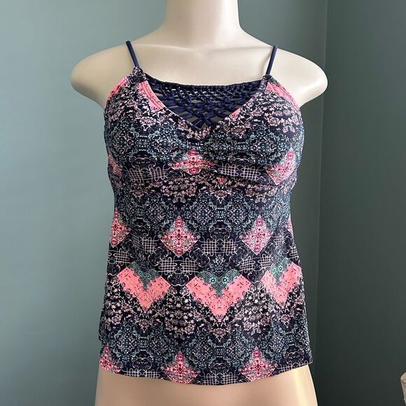 Island Soul Navy Blue Multi Macrame High Neck Tankini Swim Top Size Small - Picture 1 of 7